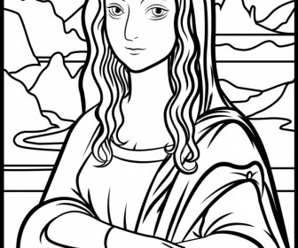 mona lisa line painting black white handdrawn sketch