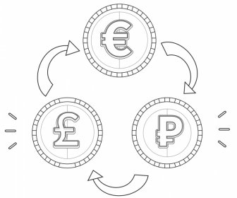 Ikon Transfer Uang Koin Hitam Putih Panah sirkulasi Sketsa
