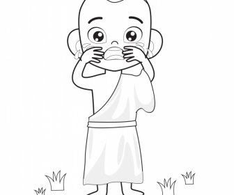 Monk Crying Icon Black White Cartoon Outline