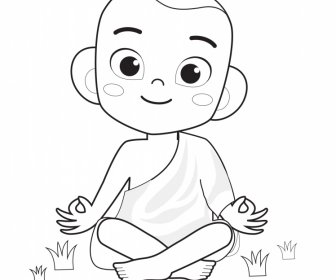 Monk Meditate Icon Funny Lovely Bw Cartoon Character Outline
