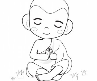 Monk Meditate Icon Sitting Boy Sketch Black White Cartoon Character Outline