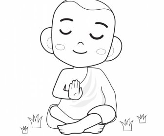 Monk Meditate Icon Sitting Boy Sketch Cute Black White Cartoon Character Outline