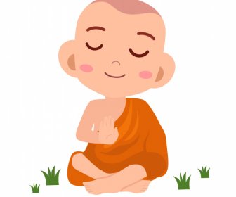 Monk Meditate Icon Sitting Boy Sketch Cute Cartoon Character