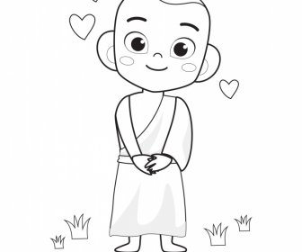 Biksu Dengan Hati Ikon Garis Besar Karakter Kartun Yang Indah