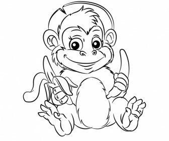 Monkey Icon Cute Cartoon Sketch Back White Design