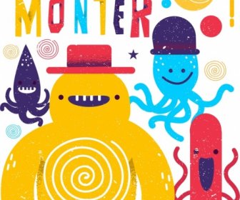 Monster-Hintergrund Niedlichen Cartoon Symbole Retro-design