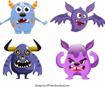 Monster Icons Colored Modern Design Funny Cartoon Characters