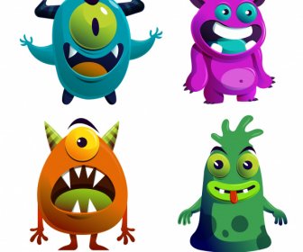 Monster Icons Funny Design Colorful Cartoon Characters Sketch
