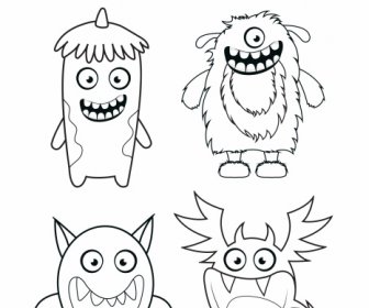 Monsters Ghosts Icons Funny Cartoon Characters Sketch