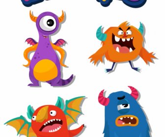 Monster Symbole Bunte Lustige Zeichentrickfiguren Tiere Formen