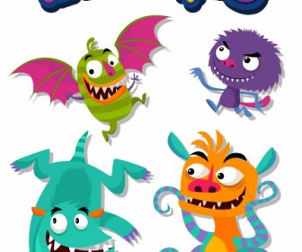 Monsters Icons Funny Cartoon Characters Colorful Design