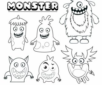Monsters Icons Funny Design Black White Handdrawn Cartoon