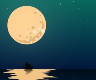 Mondlicht Hintergrund Runden Mond Meer Symbole Farbige Cartoon