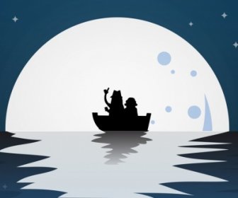 Moonlight Sfondo Seaboat Icone Silhouette Arredamento