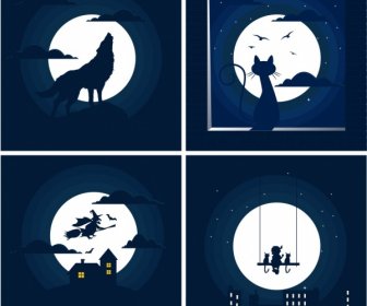Mondlicht Hintergrund Setzt Dunkelblaues Blaues Design Verschiedene Symbole