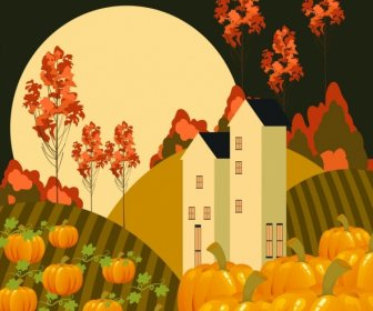 Moonlight Landscape Drawing Pumpkin House Tree Icons Decoration