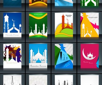 Mezquita Con Colorido Eid Mubarak Folleto Reflexión Colección Tarjeta Set Plantilla Hermosa Vector