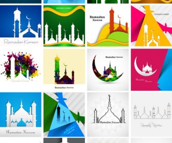 Mosquée Avec La Carte De Collection Colorée Ramadan Kareem Set Présentation Fond Vector Illustration