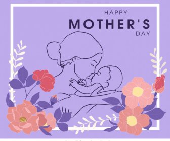 Spanduk Hari Ibu Digambar Tangan Ibu Anak Dekorasi Bunga
