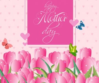 Mother Day Banner Pink Tulips Heart Butterflies Decoration