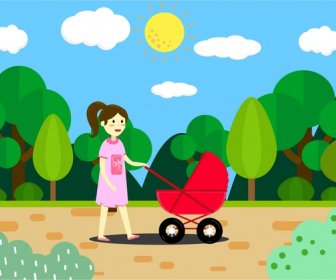 색상 디자인에서 유모차와 함께 산책 하는 어머니