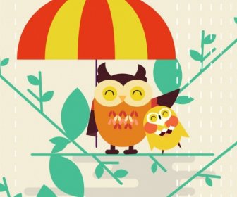 Motherhood Background Stylized Owl Umbrella Icons Flat Design