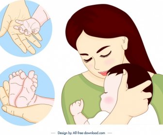 Mutterschaft-Design-Elemente Pflege Symbole Comic-Figuren