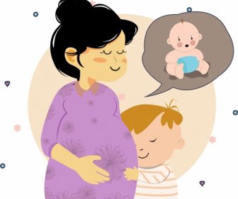 Motherhood Drawing Pregnant Woman Baby Icons Colored Cartoon