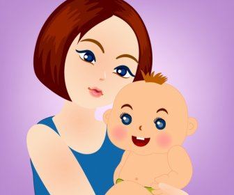 Motherhood Drawing Woman Baby Icons Colored Cartoon