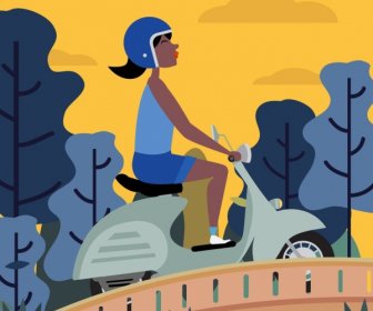 Icônes De Scooter Moto Fond Femme Cartoon Design