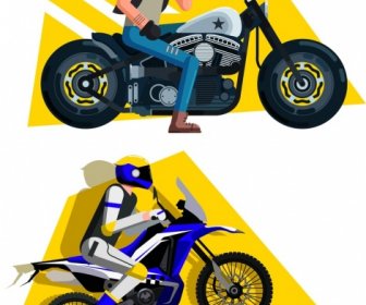 Moto Rider Icone Colorate Cartoon Schizzo