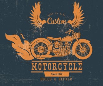 Motorcycle Shop Advertisement Retro Design Wings Fire Icons