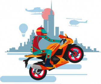 Pengendara Sepeda Motor Kinerja Banner Ilustrasi Dengan Satu Roda Gaya