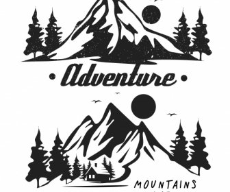 山の冒険のロゴタイプ黒白レトロ手描きスケッチ