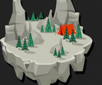 Montanha Acampamento Fundo Rochoso Terra ícone Decoração 3d