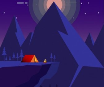 Mountain Camping Drawing Dark Violet Design Tent Icon