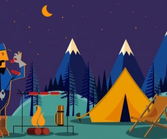 Mountain Camping Drawing Man Campfire Tent Icons