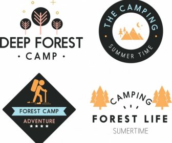 Foresta Di Montagna In Campeggio A Varie Icone Colorate Logotipi