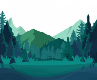 Mountain Forest Scene Backdrop Colored Flat Classic Design