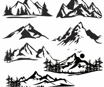 Mountain Icons Black White Handdrawn Sketch