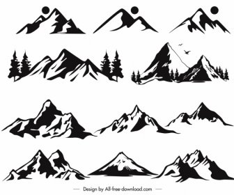 Berg-Ikonen Schwarz Weiß Retro Handgezeichnete Skizze
