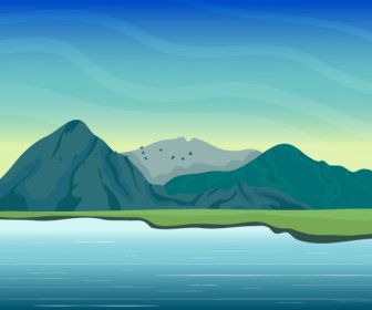 Mountain Lake Scene Painting Colored Cartoon Design