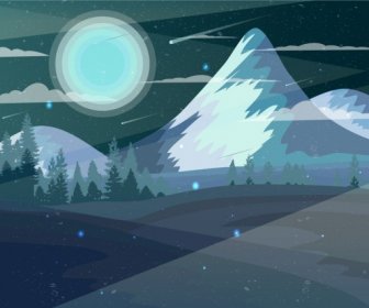 Mountain Landscape Drawing Moonlight Scene Colored Cartoon