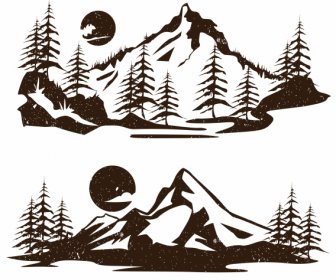 Mountain Landscape Icons Retro Flat Design