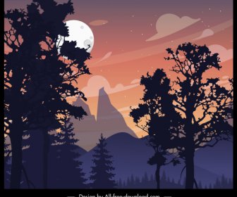 月明かりのクラシックデザインを描く山の風景
