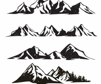 山脈のアイコン黒白ヴィンテージ手描き