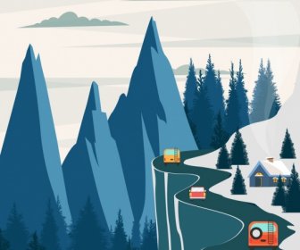 Mountain Road Landscape Painting Colored Cartoon Design