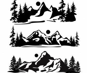 ícones Da Cena Da Montanha Preto Branco Desenhado Design Retrô