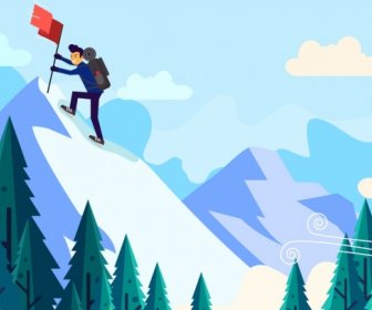 Bergsteigen Hintergrund Peak Flaggensymbole Kletterer Cartoon-design