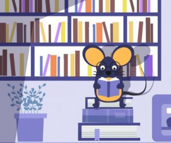 Mouse Background Bookshelf Books Icons Cartoon Design